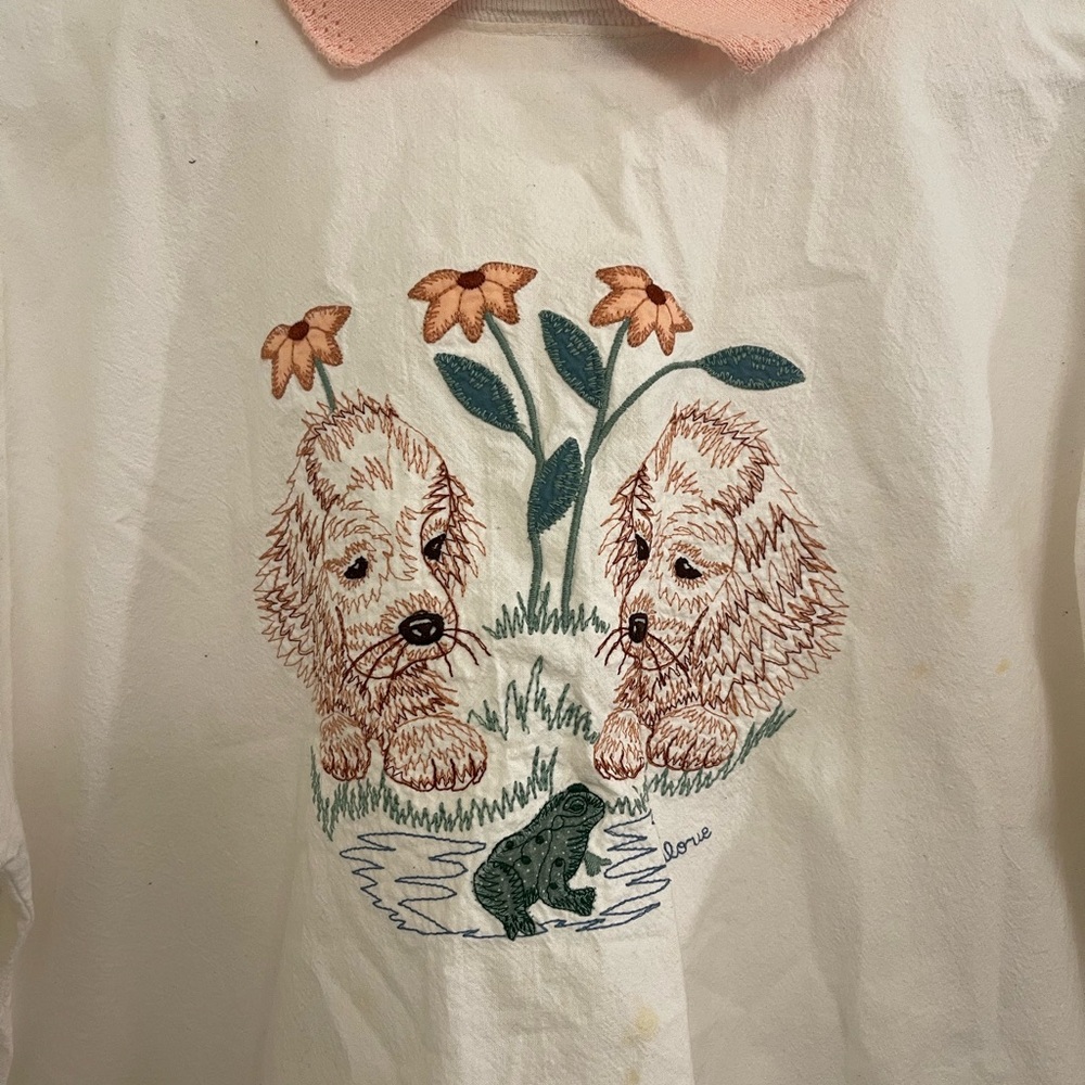 Vintage Folk Art Appliqué Grandmacore Cream Sweatshirt Collar Dog Embroidery - Picture 2 of 8
